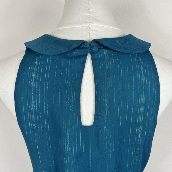 ModCloth Top Womens Small Teal Peter Pan Collar Metallic Belted Blouse Mod Retro - Picture 4 of 10